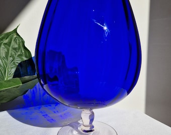 Large Vintage Mid-Century Italian Empoli Cobalt Blue Vase on Clear Stand