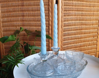 Vintage 1930s blue depression glass dressing table vanity set with candlesticks and trinket bowls