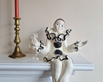 Large Vintage Mid-Century French Kitsch Ceramic Pierrot Clown Shelf Ornament Figurine Sculpture