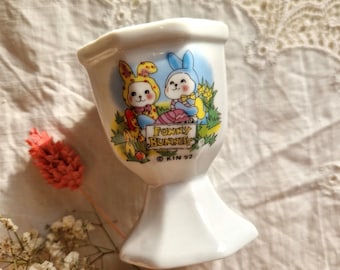 Huevera vintage de mediados de siglo, conejitos divertidos, cerámica, porta huevos