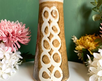 Tall Vintage Midcentury Studio Pottery Ceramic Brown Cream Sgraffito Art Vase