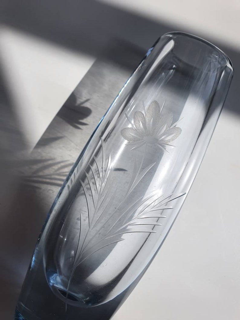 Vintage heavy etched crystal glass floral vase image 4