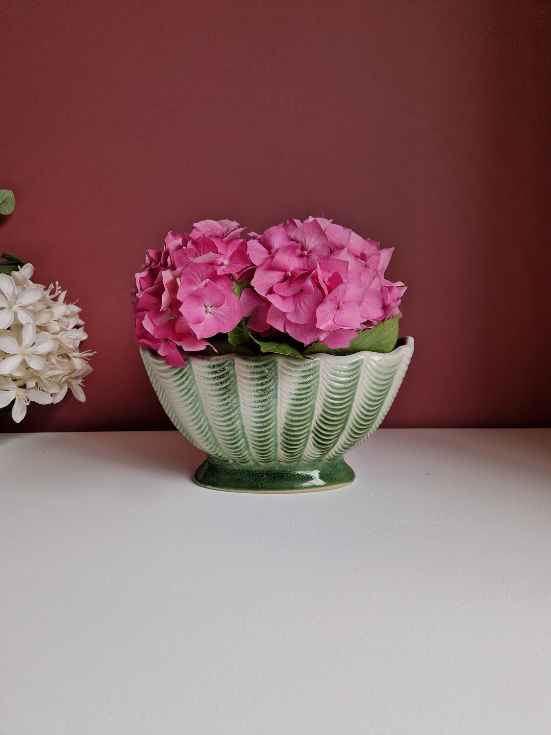 Vintage 1950s Ceramic Shell Vase Green Trophy Bowl Etsy