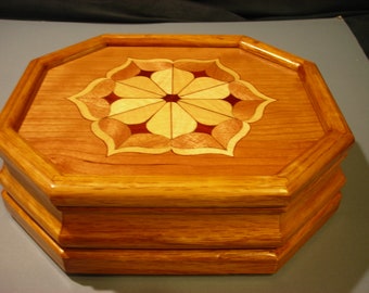 Carved music box with original designed handmade wood inlay