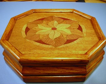 Carved music box with original designed handmade wood inlay