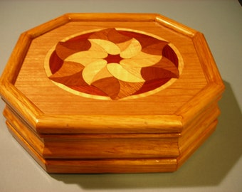 Carved music box with original designed handmade wood inlay