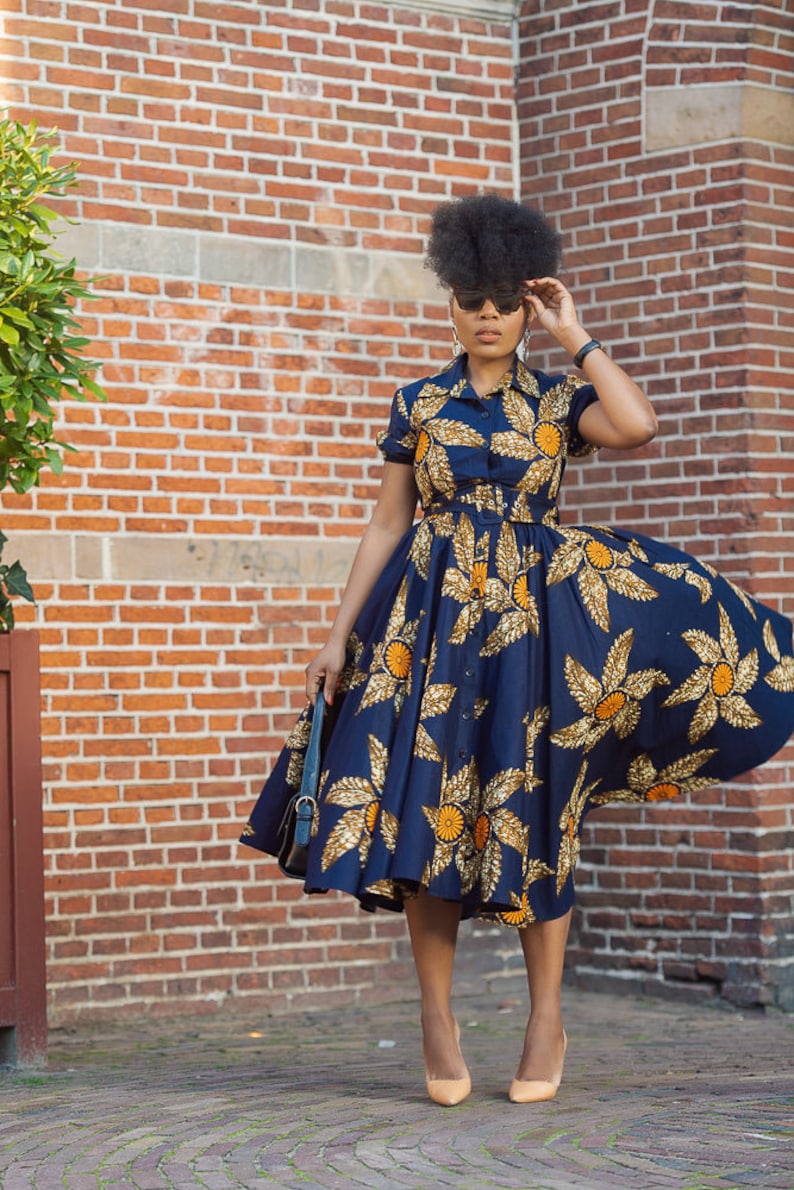 THandIWE NAVY BLUE and brown midi dress