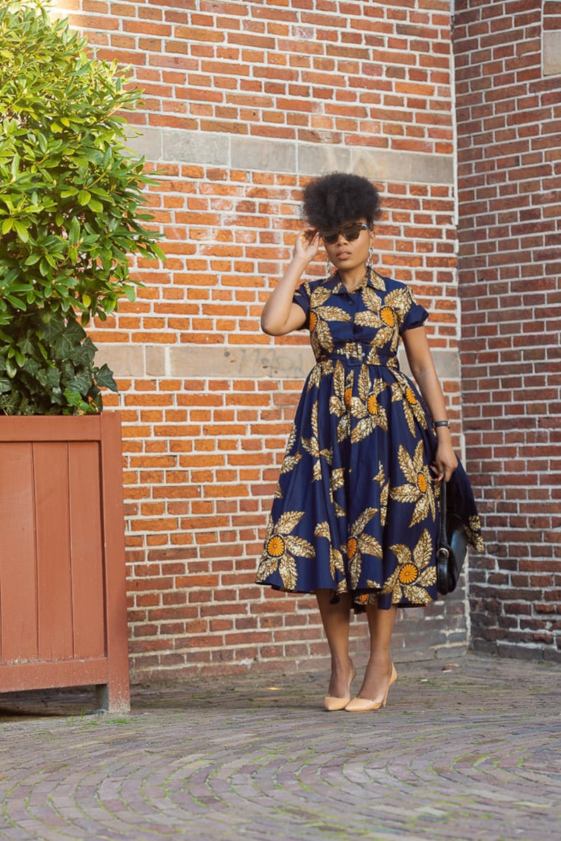 THandIWE NAVY BLUE and brown midi dress