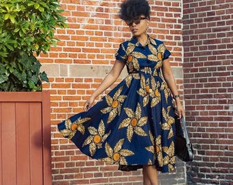 Navy Blue African Print Cotton Midi Dress with Belt and Pockets – Thandiwe.