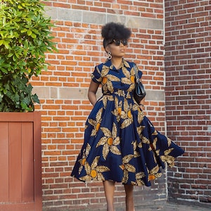 THandIWE NAVY BLUE and brown midi dress