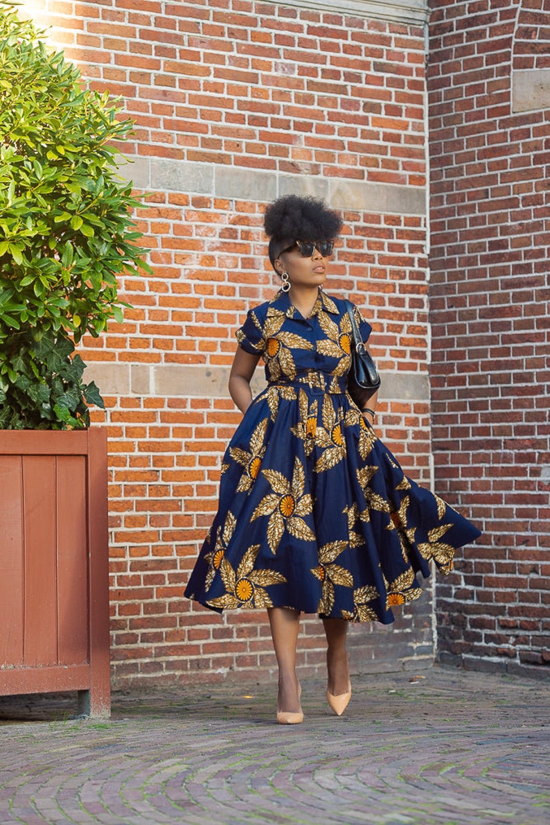 THandIWE NAVY BLUE and brown midi dress