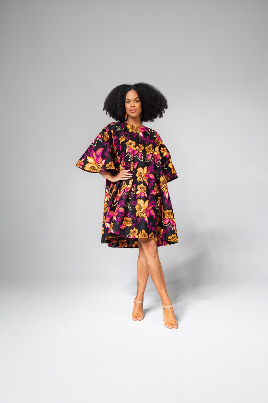 Hamza Pink and Black Floral Midi Dress Wedding Party Dress African ...