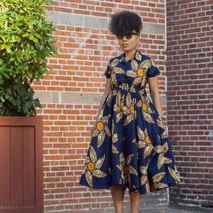 THandIWE NAVY BLUE and brown midi dress