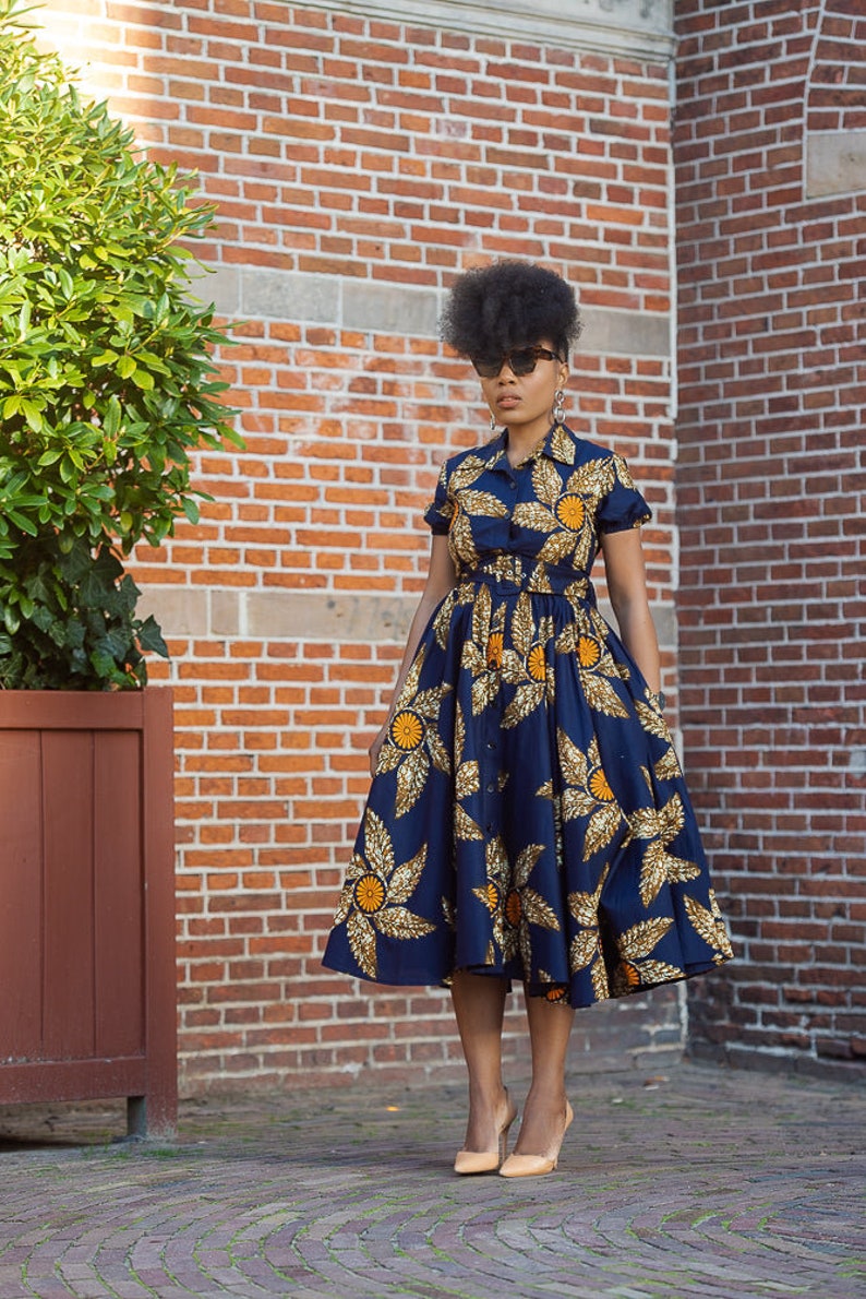 THandIWE NAVY BLUE and brown midi dress