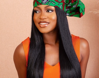 Tosin Kopftuch - Boho Grün und Rot Druck - Handgemachtes Kopftuch im afrikanischen Stil - Stammes-Turban für Frauen - Ankara-Kopftuch -Einzigartiges Geschenk