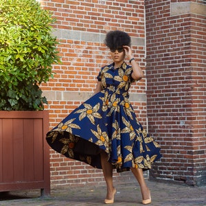 THandIWE NAVY BLUE and brown midi dress