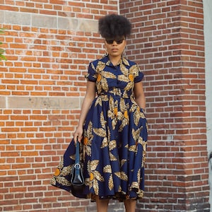 THandIWE NAVY BLUE and brown midi dress