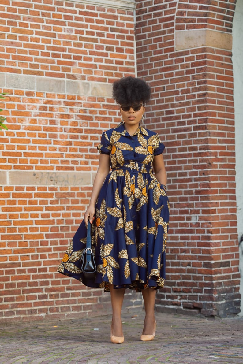 THandIWE NAVY BLUE and brown midi dress