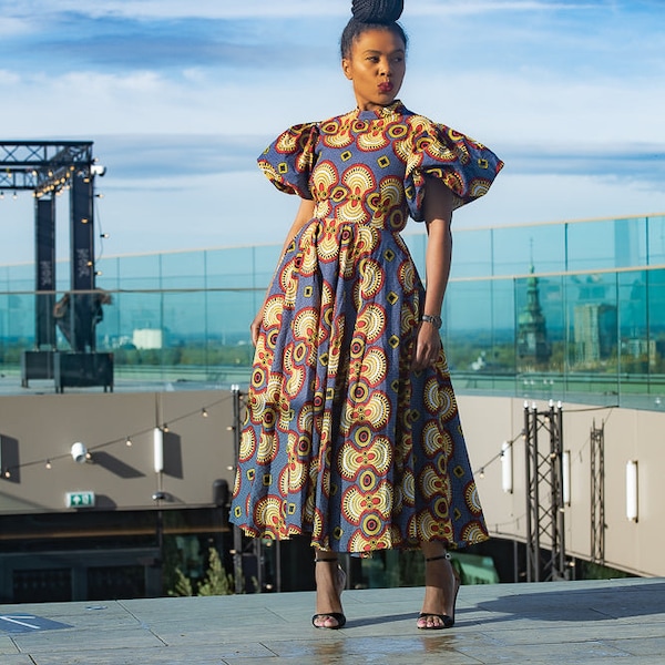 OLORI MULTICOLORED AFRICAN print midi dress