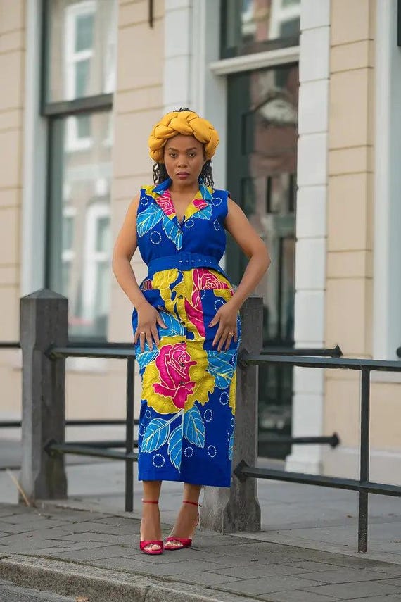 Mbali Blue and Yellow Sleeveless Dress - Etsy New Zealand