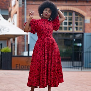 Olori Red African Print Midi Dress Red Midi Knee Length Dress Handmade ...