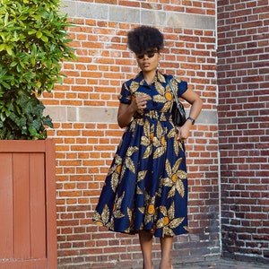 THandIWE NAVY BLUE and brown midi dress