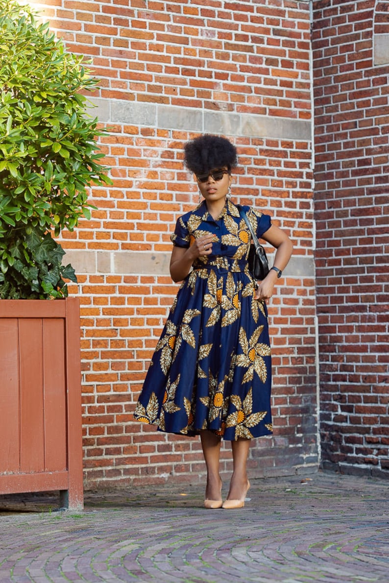 THandIWE NAVY BLUE and brown midi dress