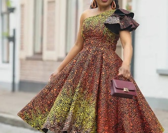 Adaeze Brown Midi Dress — African print Ankara one shoulder Wedding Guest Outfit Women’s Celebration Dress Plus Size Sizes S-4XL