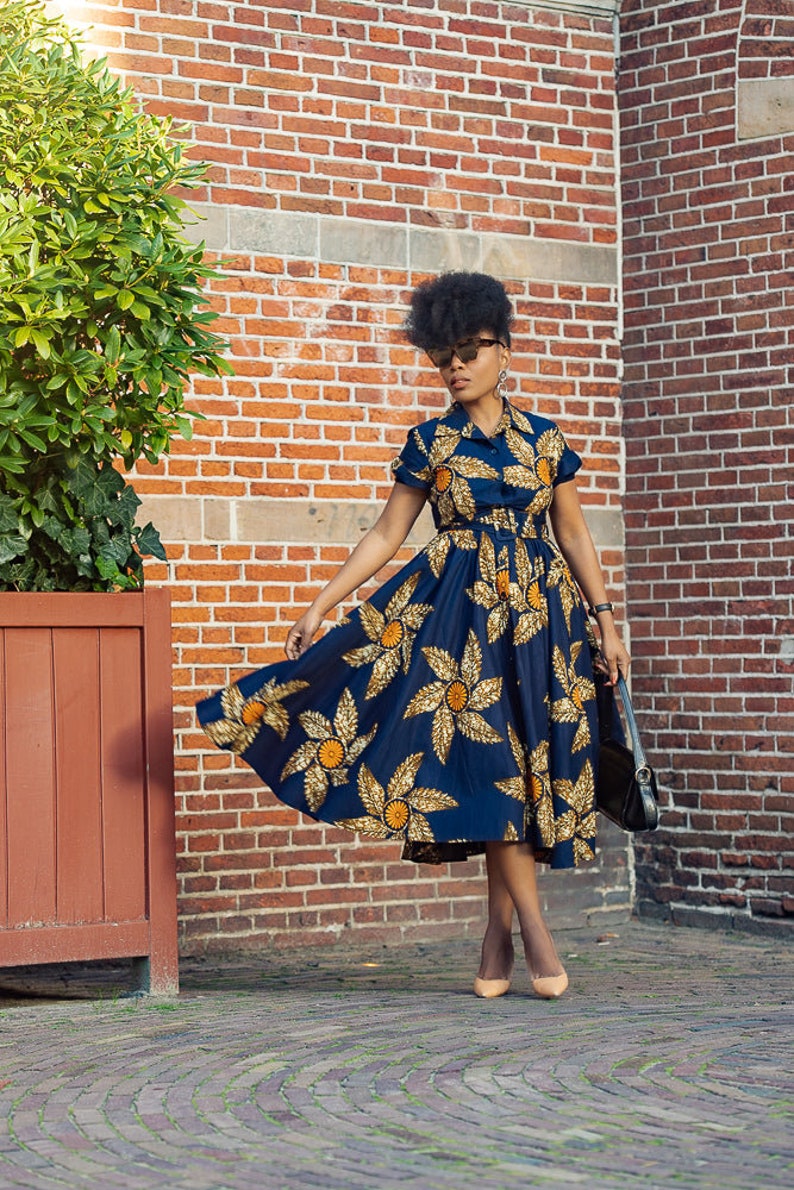 THandIWE NAVY BLUE and brown midi dress