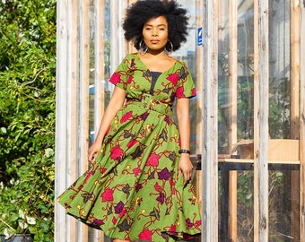 Idaya Midi African Print Dress In Light Green And Pink - Half Sleeve Floral Knee-Length Summer Dress - Ankara Midi Dress -Ideal Gift For Her