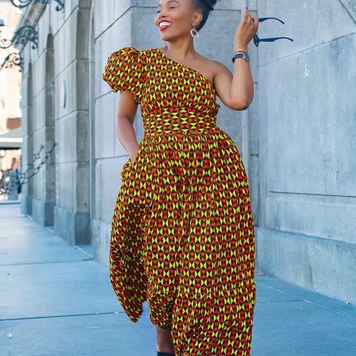Vestido asimétrico Fikile, vestido midi Ankara con estampado africano, moda elegante para mujer, tallas S–4XL