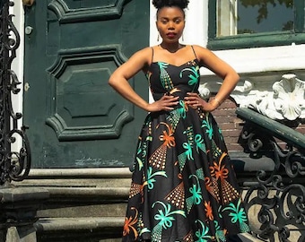 Lydia Gold Print Ankara Midi Cocktail Dress Holiday Party African Fabric Evening Wear