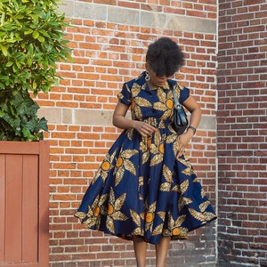 THandIWE NAVY BLUE and brown midi dress