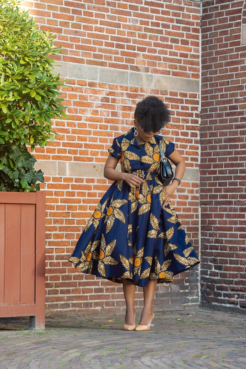 THandIWE NAVY BLUE and brown midi dress