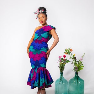 Elegant Ewa Multi Colored One-Shoulder African Dress - Long Floral Summer Dress - Handmade Women's Fashion - Unique Gift For Her