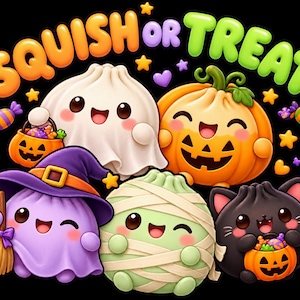 以下が含まれることがあります： オレンジと緑のバブル文字でSQUISH OR TREATと書かれたグラフィックイラスト。白い幽霊、オレンジのカボチャ、紫の魔女、緑のミイラ、キャンディバケツを持った黒猫という、5つの可愛らしく丸いキャラクターが描かれています。