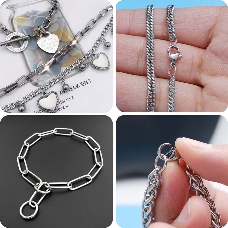 K&ouml;nnte beinhalten: Vier silberne Ketten mit verschiedenen Glieder-Stilen. Eine Kette hat einen Herz-Anh&auml;nger mit der Gravur "Forever Love". Eine andere Kette hat einen Herz-Anh&auml;nger mit einer strukturierten Oberfl&auml;che. Die Ketten liegen auf einer wei&szlig;en Oberfl&auml;che.