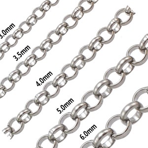 May include: Five silver chains of different sizes, 3.0mm, 3.5mm, 4.0mm, 5.0mm, and 6.0mm.