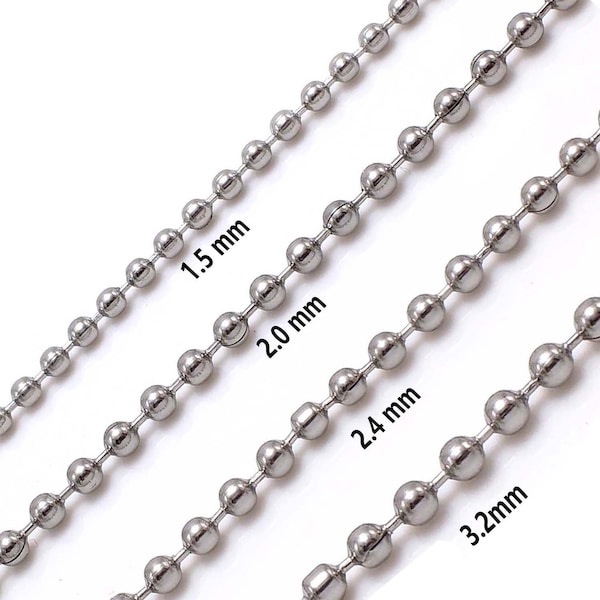 Vrac Large 1.5mm 2.0mm 2.4mm 3.2mm Chaîne à Billes, 304 Perles Rondes en Acier Inoxydable Chaîne de Bijoux