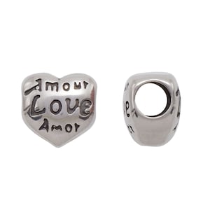 Foro 4,5 mm, acciaio inossidabile Amour Love Amor perline europee Grande foro Distanziatore Braccialetto Paracord Barba Capelli Slider Tubo perline 0553