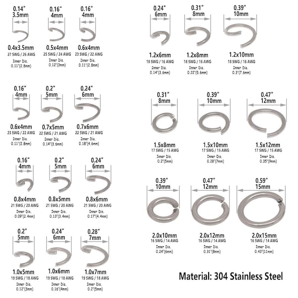 Bulk Stainless Steel Opened Jump Rings, 4mm 5mm 6mm 8mm 9mm 10mm 12mm 15mm, Wire 22/21/20/19/18/16/14/12 Gauge