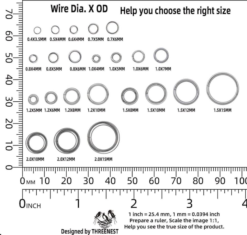 K&ouml;nnte beinhalten: Eine Tabelle mit verschiedenen Gr&ouml;&szlig;en von Metall-Spr&uuml;hringen in Millimetern. Die Tabelle enth&auml;lt ein Lineal mit Messungen in Millimetern und Zoll. Der Text "Wire Dia. X OD" und "Help you choose the right size" befindet sich oben in der Tabelle.