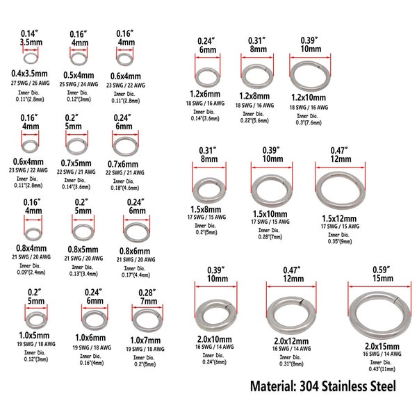 Bulk Stainless Steel Jump Rings, Outside Diameter 4mm 5mm 6mm 7mm 8mm 10mm 12mm 15mm, Closed Unsoldered Wire 21/20/19/18/16/14/12 Gauge