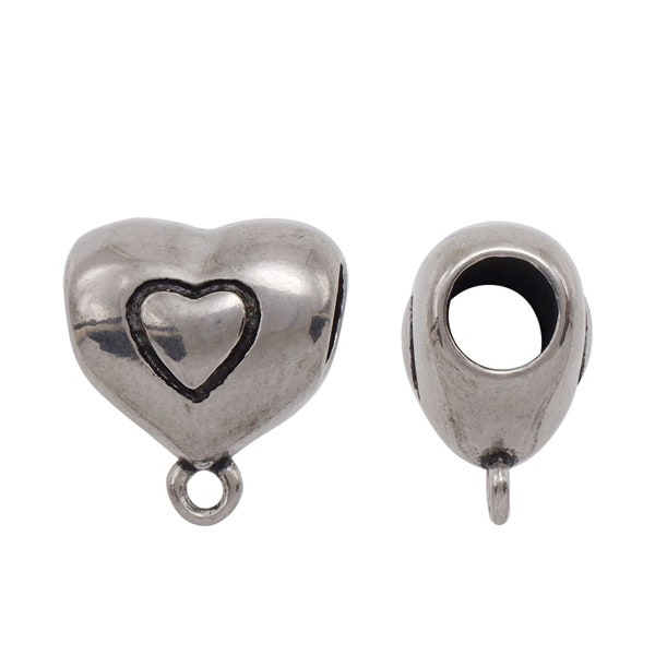 Hole 4.5mm, Stainless Steel Heart Bail with Loop Big Hole Spacer Tube Beads for Necklace Bracelet Connector Charms Jewelry Making 0559