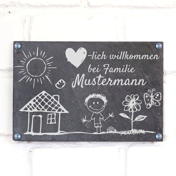 Türschild Schiefer, Familienschild für die Haustüre, Naturschieferplatte bedruckt, personalisiertes Schild für Familie