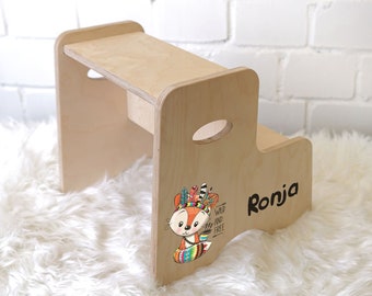 Hocker für Kinder, personalisierter Tritthocker mit Name, Kinderhocker aus Holz, Kinderstuhl aus Birkenholz, Kindertritt Montessori Fußbank