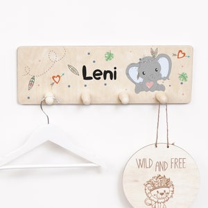 Children's wardrobe with 5 hooks, coat hook as a gift for children, coat rack personalized with desired name, motif: elephant