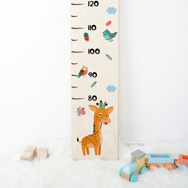 Messlatte aus Holz für Kinder, personalisiert mit Name und Motiv, Messleiste individualisiert als Geschenk zur Geburt, Motiv: Giraffe