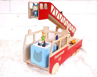 Regal für Toniebox, Feuerwehr Feuerwehrauto Tonieregal mit Name, Aufbewahrung für Tonies, Halterung für Toniefiguren, Motiv: Leiterwagen