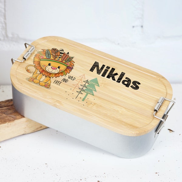 Brotdose Kinder Lunchbox personalisiert mit Name, Brotbox für Kindergarten, Edelstahldose mit Bambusdeckel, Motiv: wild and free Löwe